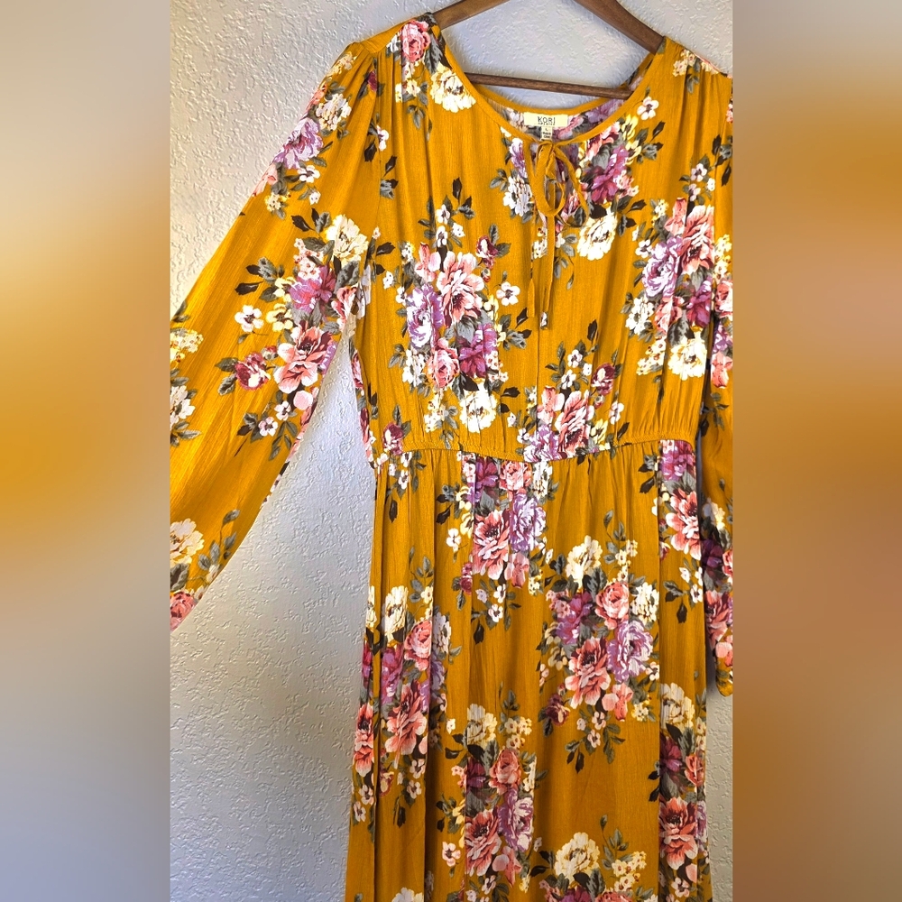 KORI America Boutique Floral Golden Yellow Dress Boho Romantic Tie-Neck – Size L - Picture 11 of 17